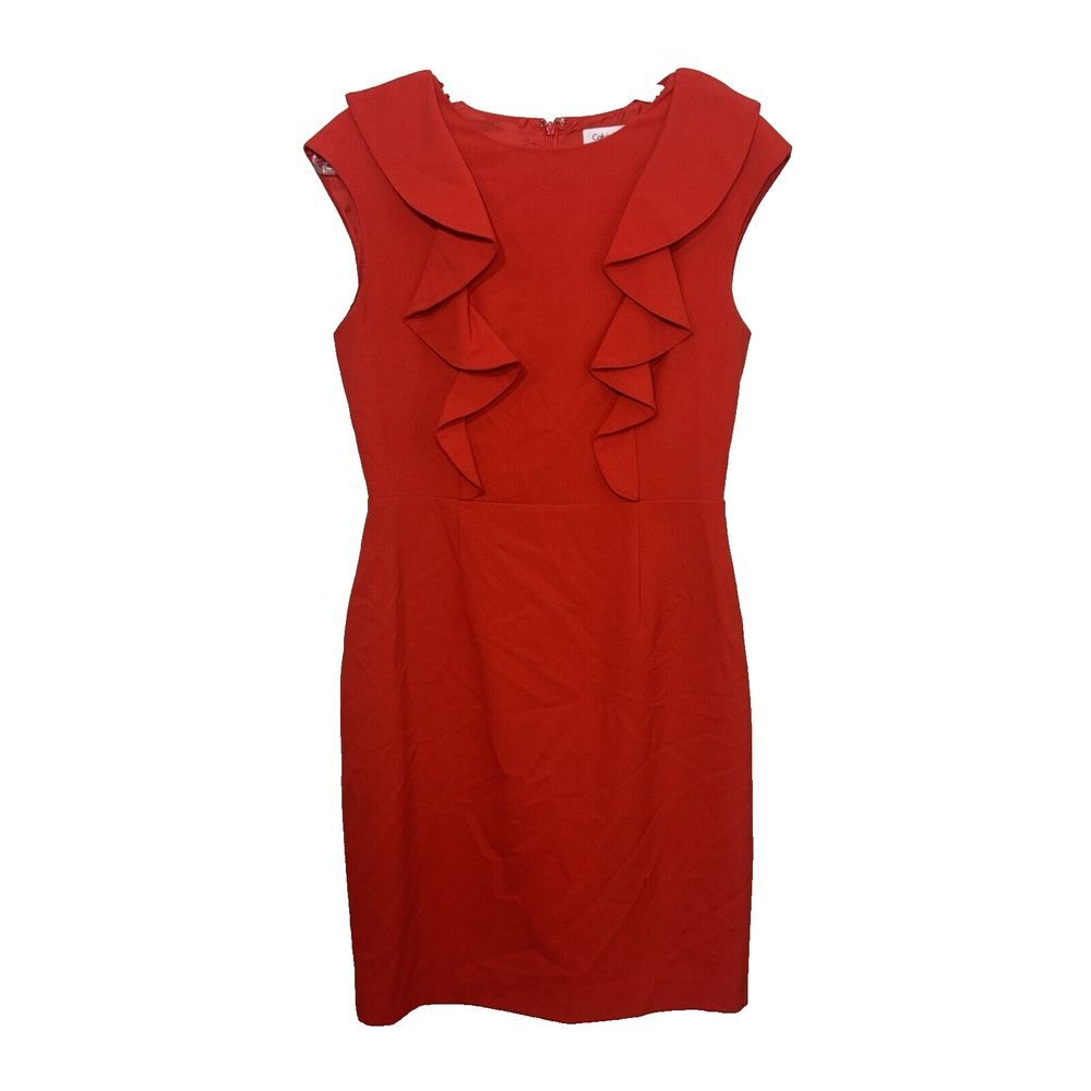 Calvin Klein Sheath Dress Women's 4 Red Knee  Ruffle Sleeveless‎
